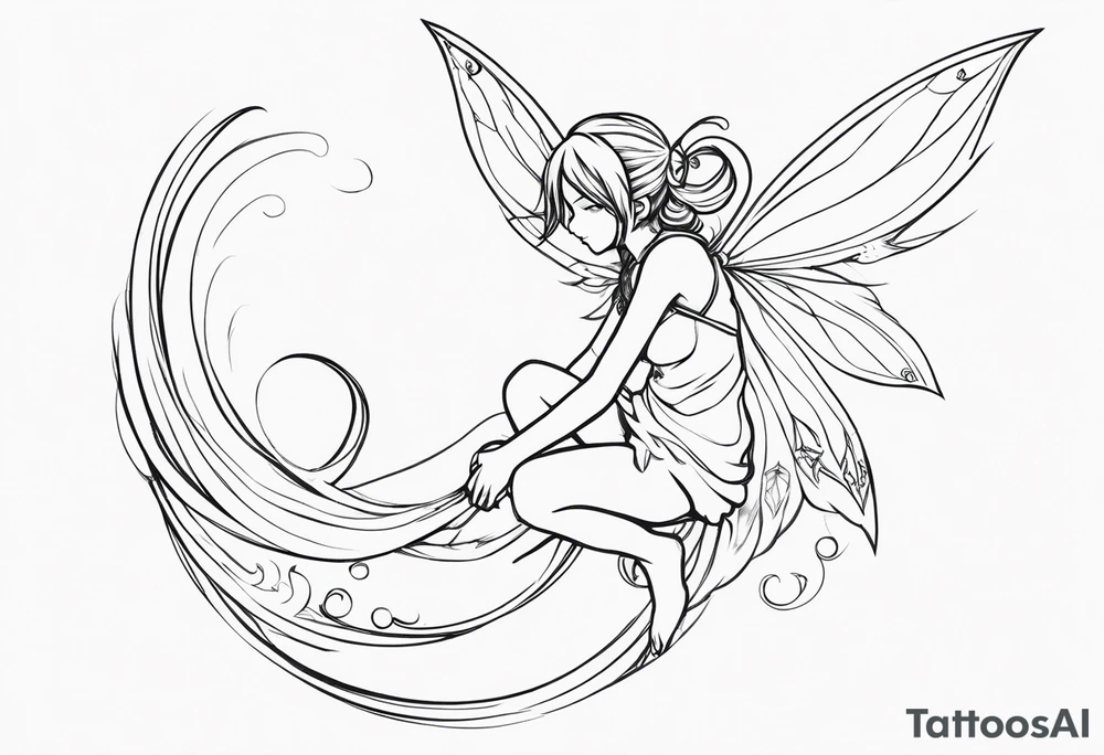No color sketch of a fairy with a tail inspired by the guild symbol in the anime show called Fairy Tail in a fetal position leaning forward while crawled in and her body is an angle while floating in the air with big wings tattoo idea