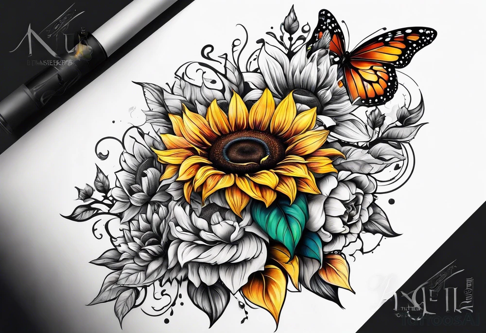 Sunflower and butterfly leg sleeve tattoo idea