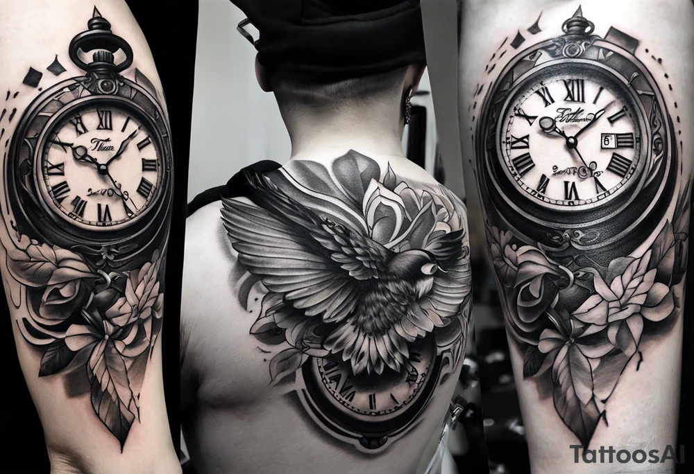 Dessine-moi un tattoo représentant une horloge dans un sabier  . En second plan on retrouve des chiffres romains. Le tatouage est noir et blanc et se porte sur l'épaule gauche tattoo idea