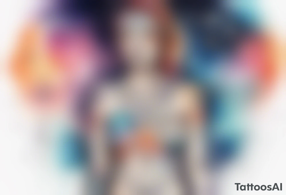 Across woman's chest Chest, Tribaltattoo design that depicts with tribal patterns, geometric swirls, watercolor style tattoo design, mesmerizing blend of vibrant watercolor splashes and cosmic elements like stars, and galaxies, dreamy and otherworldly effect, solar system,astronomy tattoo idea