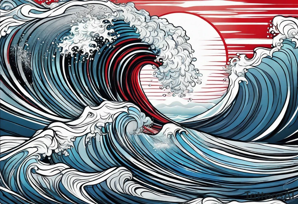 ocean waves background with linear red, white and black and gray including muted blues tattoo idea