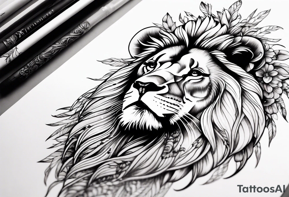 Feminine lion with feathers floral sleeve tattoo idea