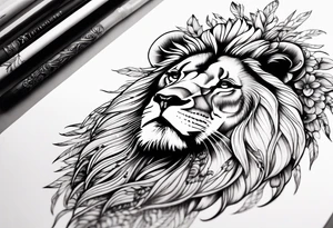 Feminine lion with feathers floral sleeve tattoo idea