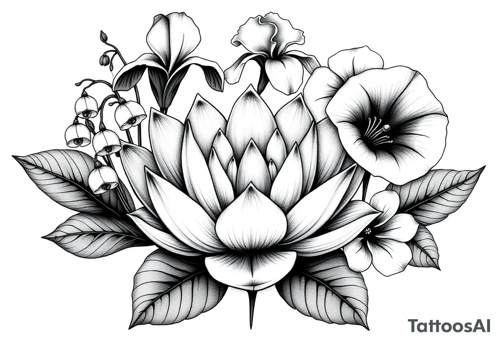 Geometric lotus surrounded by Lilly of the valley on left side iris above and morning glory flowers to the right. tattoo idea