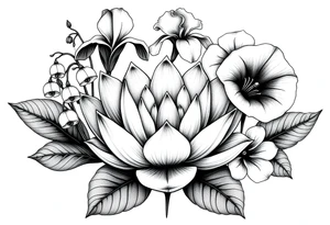 Geometric lotus surrounded by Lilly of the valley on left side iris above and morning glory flowers to the right. tattoo idea
