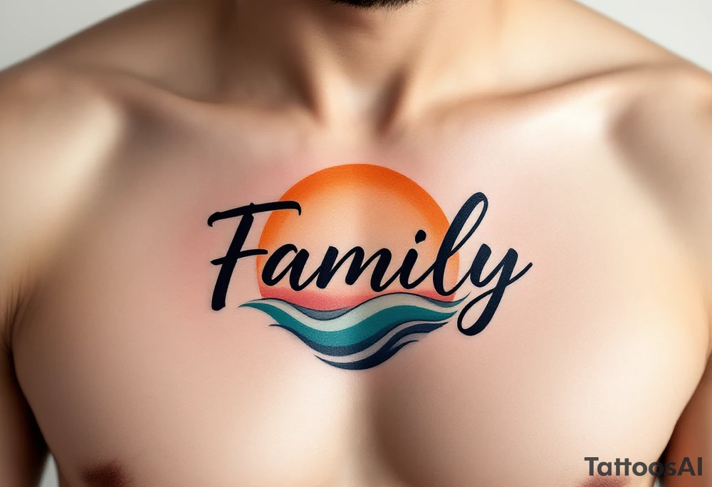 Family in soft black script, placed over a sun and moon design shaded in warm orange and cool teal. tattoo idea