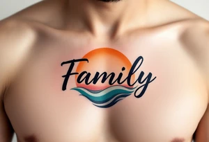 Family in soft black script, placed over a sun and moon design shaded in warm orange and cool teal. tattoo idea