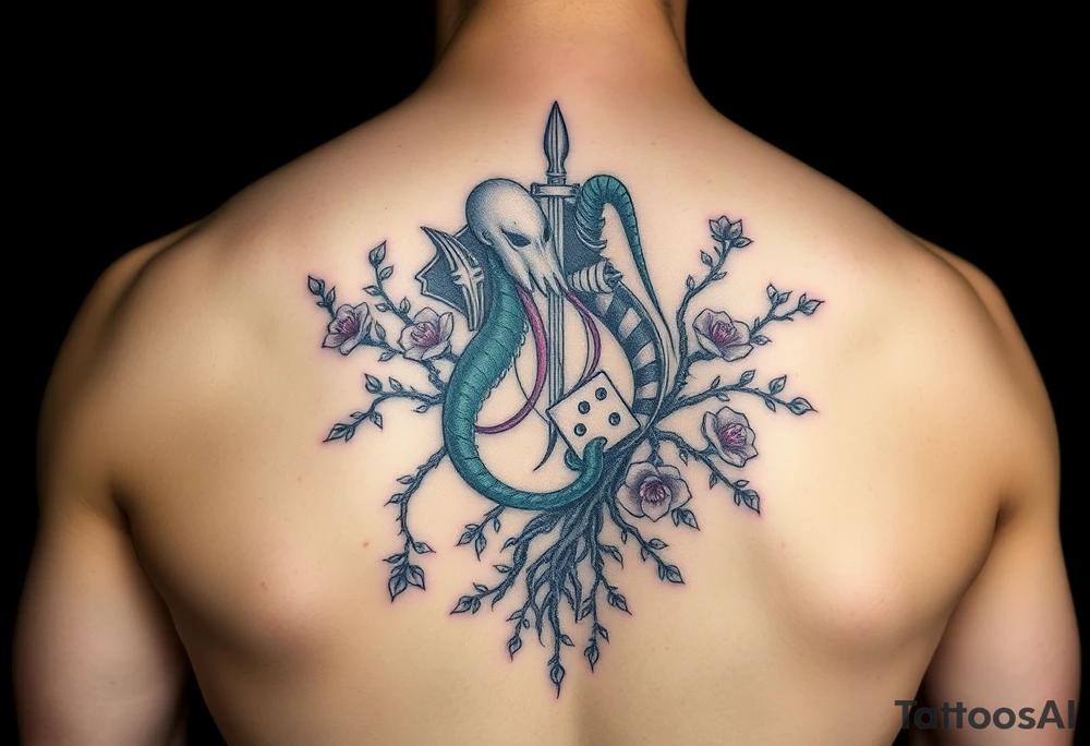 knight and squid intertwined with climbing roses and tree roots with cherry blossoms rolling dice tattoo idea
