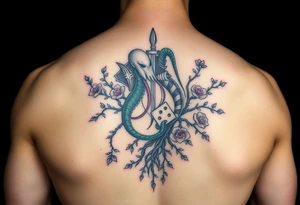 knight and squid intertwined with climbing roses and tree roots with cherry blossoms rolling dice tattoo idea