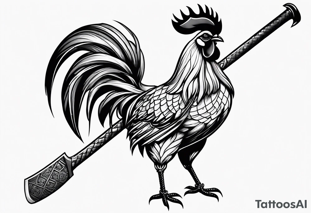 Buff rooster holding an axe with crabs on the end of the axe tattoo idea
