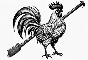 Buff rooster holding an axe with crabs on the end of the axe tattoo idea