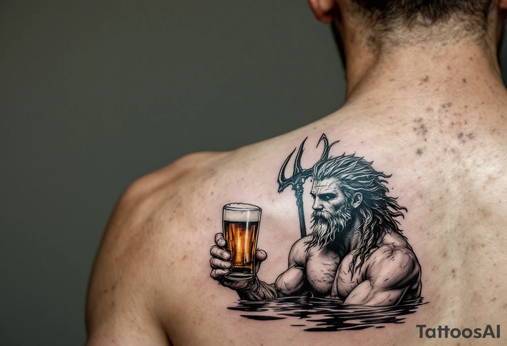 young, fit poseidon in calm water, holding a trident, drinking a beer tattoo idea