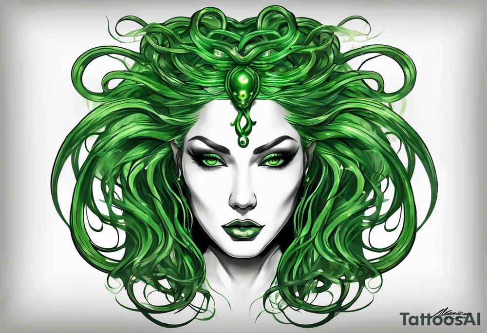 Full body 
Here is a rough sketch of your Medusa tattoo concept:

- **Medusa's Full Body**: Positioned in the center, floating.
- **Glowing Eyes**: Highlighted in white to stand out against her green complexion.
- **Green Snakes for Hair**: Radiating in various directions from her head.
- **White Sheer Dress**: Flowing down her body, semi-transparent to hint at her form beneath.

This sketch captures the basic elements and composition. For a final design, a tattoo artist can add intricate details, shading, and texture to bring Medusa to life with the ethereal and mystical qualities you described. tattoo idea