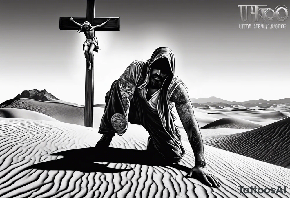 man crawling in a desert toward the cross of Christ tattoo idea
