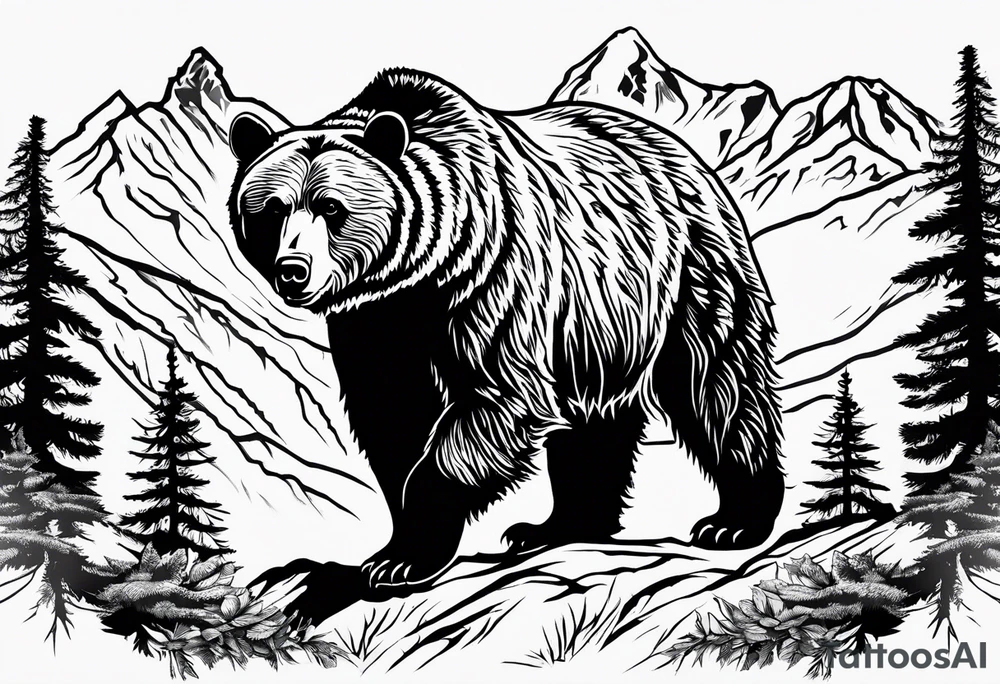 Grizzly bear outline with Teton mountain range inside tattoo idea