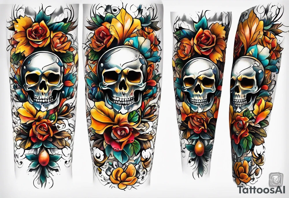 Old school center Knee tattoo with skulls, various flowers, water shapes and fall colors tattoo idea
