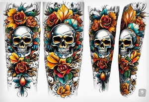 Old school center Knee tattoo with skulls, various flowers, water shapes and fall colors tattoo idea