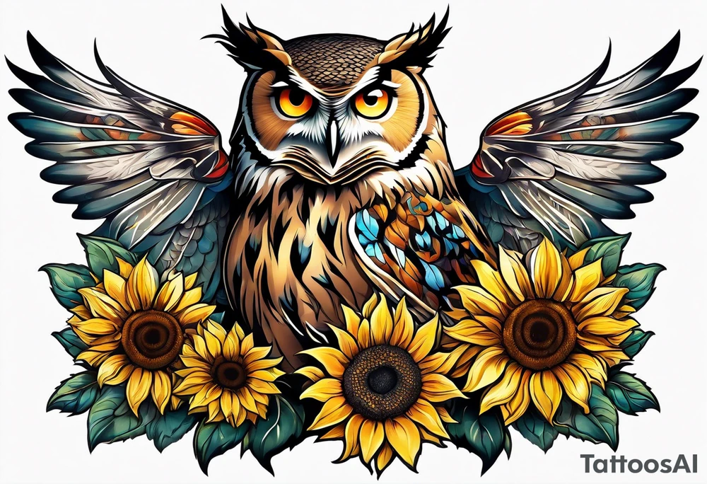 Arm sleeve with an owl surrounded by sunflowers with a butterfly on the sunflower tattoo idea