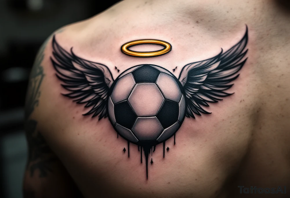 A black and gray soccer ball with angel wings and a golden halo above. tattoo idea