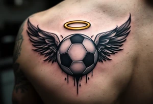 A black and gray soccer ball with angel wings and a golden halo above. tattoo idea