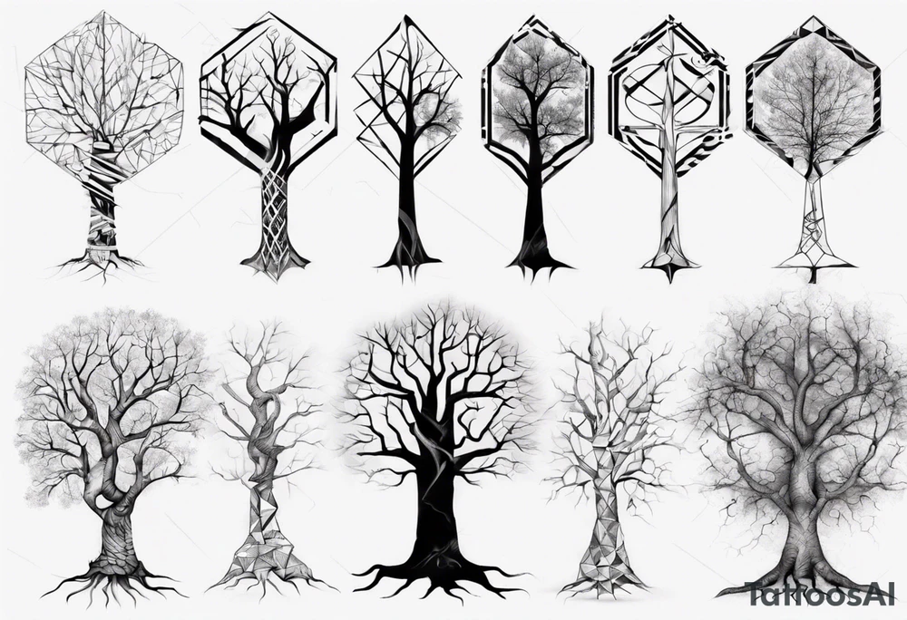 Tree with no leaves with it's main trunk main of DNA with geometic work on sides tattoo idea