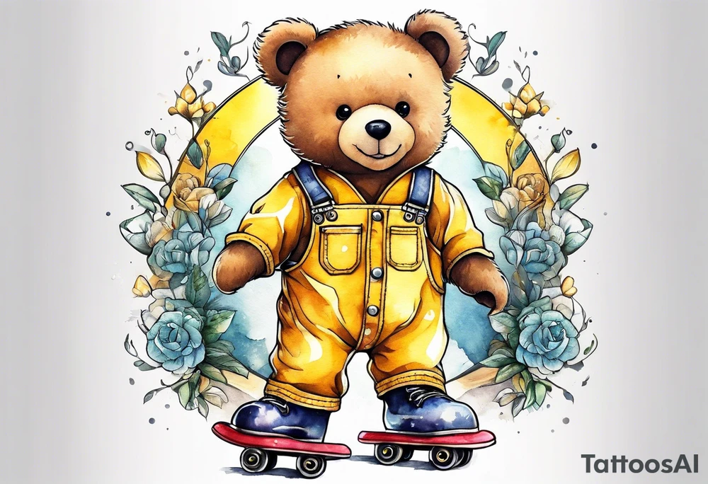 a teddy bear in roller skates and yellow overalls tattoo idea
