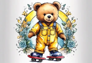 a teddy bear in roller skates and yellow overalls tattoo idea