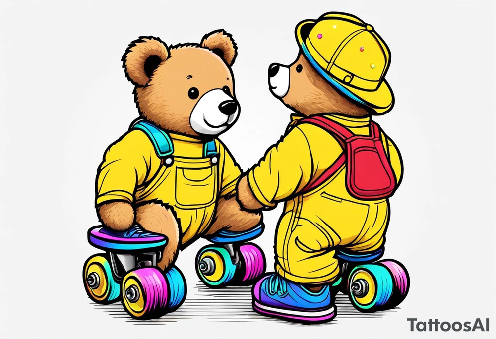 A light brown teddy bear in yellow overalls, wearing rainbow colored rollerskates tattoo idea