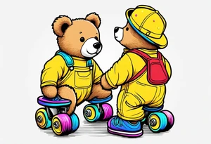 A light brown teddy bear in yellow overalls, wearing rainbow colored rollerskates tattoo idea
