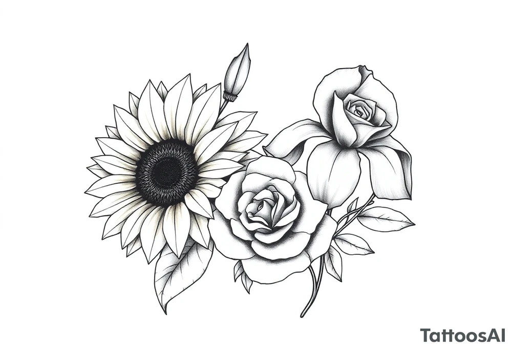 Sunflower,iris and a Rose flowers tattoo idea