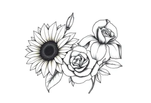 Sunflower,iris and a Rose flowers tattoo idea