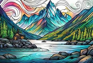Norwegian fjord with aurora borealis tattoo idea