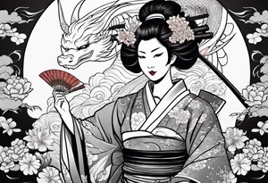 geisha in samurai armor, wearing an odashi in her hand and an oni mask on her belt, with a dragon in the background tattoo idea