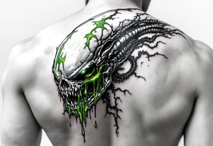 The skull of a Xenomorph with an acid drip effect, dripping a metallic green liquid that pools into intricate tribal patterns. tattoo idea