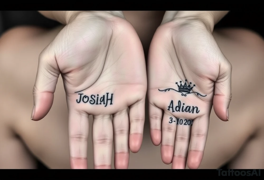 Womens hand out reached holding two small hands one of a 2 year old one of a new born and under the 2 yr Olds hand the name JOSIAH  and in romen numbers 7-6-2021 with a crow. and under the new horns hand the name ADIAN and the number 3-10-2023 in roman numbers with a smaller crown the the 2 yr holds tattoo idea