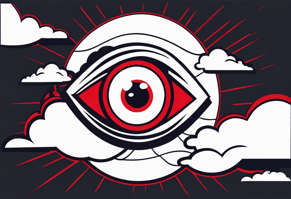 American traditional simple eyeball in dark stormy clouds with red lightning coming from the clouds tattoo idea