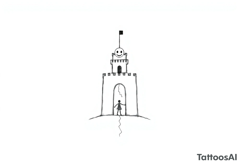 Create a minimalistic tattoo design based on a trapezoid shape representing a trap or siege. The trapezoid is the main background and frame.

Inside the trapezoid:

1. A small, simple castle at the top center with smooth walls and a short tower on one side, symbolizing loneliness.


2. A tiny black brick embedded in the castle wall, representing a 225 mg Tramadol pill — looks like a small dark dot from afar.


3. A small smiling mask on the tower with two dots for eyes and a curved line for a mouth, symbolizing hiding inner pain behind a smile.


4. A thin, irregular crack running from the bottom to the top of the castle wall, representing inner wounds and fractures.


5. A thin diagonal ray of light shining from one of the castle windows, symbolizing hope amidst darkness.


6. An abstract, minimal dancer figure in the castle courtyard made with simple lines, symbolizing dancing and perseverance despite being trapped.



The overall design should look clean and geometric from afar, but each element carries personal symbolism and emotional depth. tattoo idea