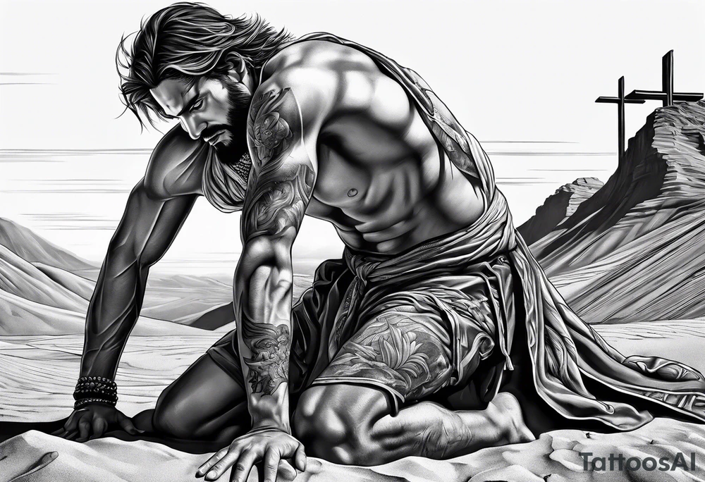 man crawling in a desert reaching to the cross of Christ tattoo idea