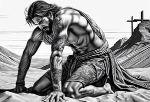 man crawling in a desert reaching to the cross of Christ tattoo idea