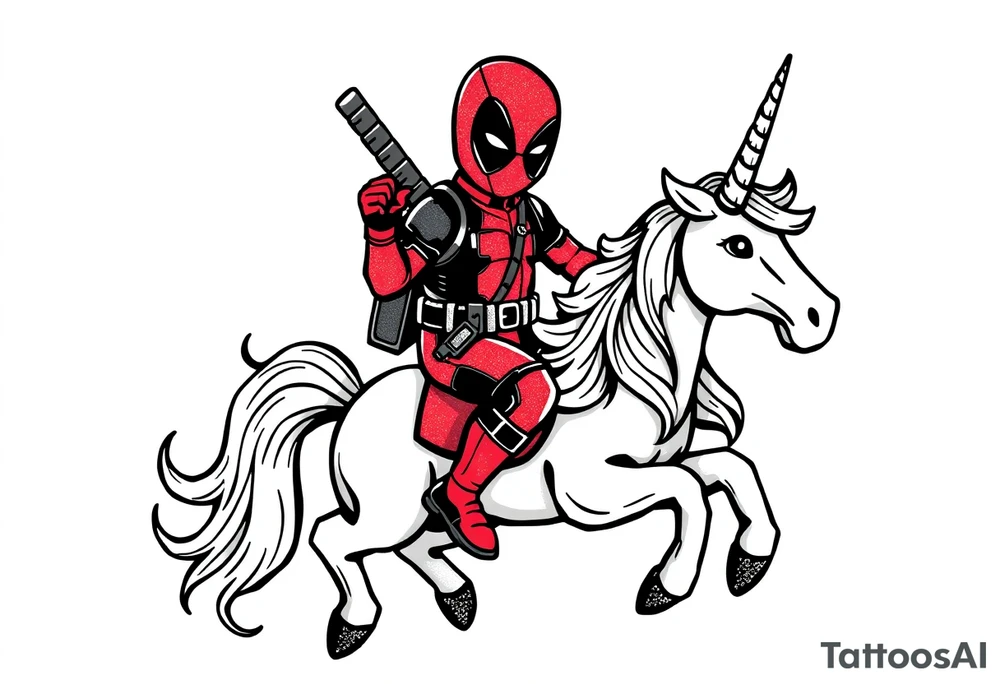 Silly glittery Deadpool riding unicorn tattoo idea