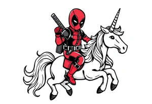 Silly glittery Deadpool riding unicorn tattoo idea