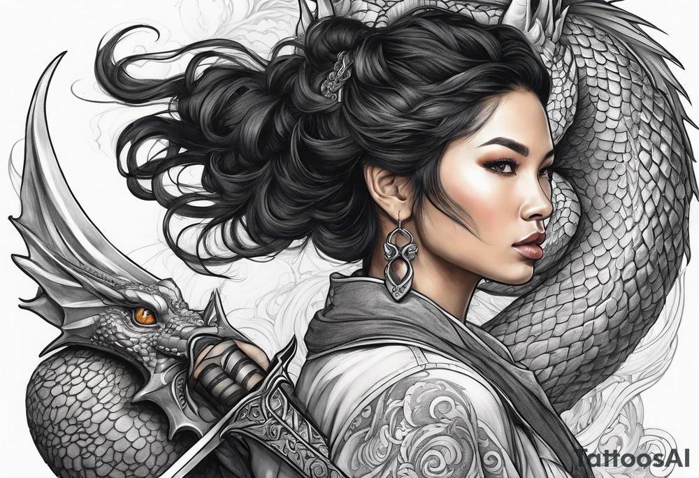 Women holding a sword powerful Beauty black hair flawlessly a dragon behind her fiercely protection tattoo idea