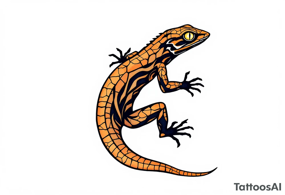Tribal desert lizard with cracked earth texture – A sleek, agile lizard in motion, designed with tribal curves and sharp angles along its spine. Its skin mimics the pattern of sunbaked, cracked earth, blending tones of burnt orange, dusty brown, and charcoal black. The tail coils elegantly, forming a spiral, while the eyes gleam in golden yellow, symbolizing survival, transformation, and primal instincts. tattoo idea