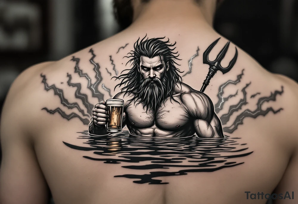 young, fit poseidon in calm water, holding a trident, holding a beer, with lightning behind tattoo idea