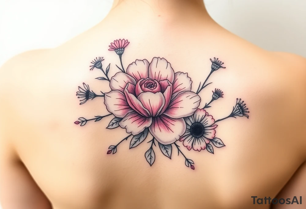 Carnation rose lily luster and aster flower tattoo idea