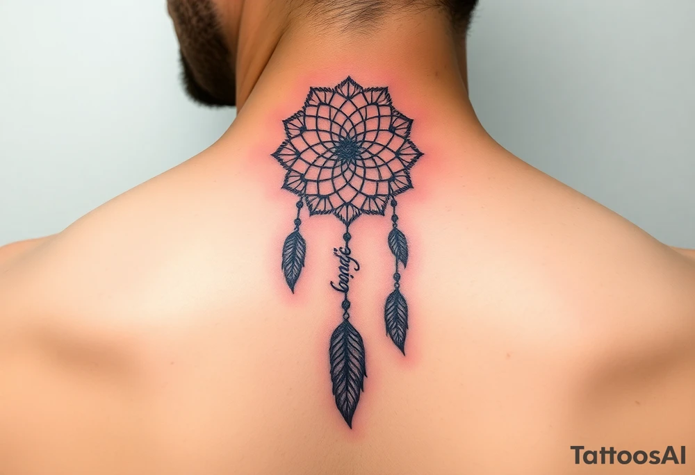 Neck piece with a beautiful dream catcher with 3 names attached to the leaves tattoo idea