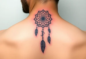 Neck piece with a beautiful dream catcher with 3 names attached to the leaves tattoo idea