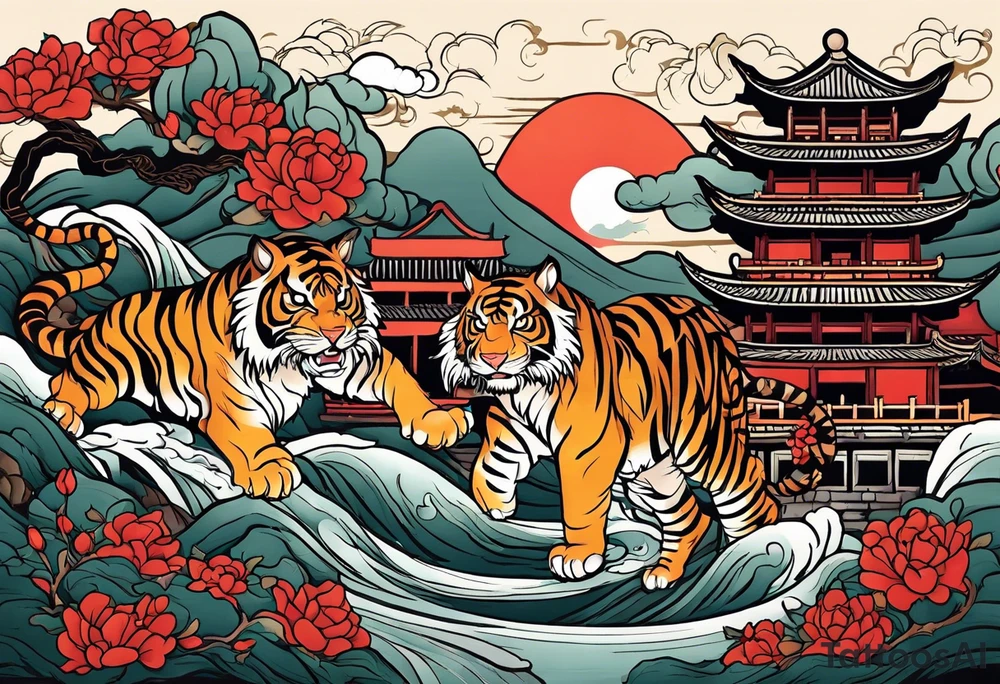 In English:

Create for me a tattoo in the Chinese style featuring a tiger, a rat, a snake, the Great Wall of China, and a temple. tattoo idea