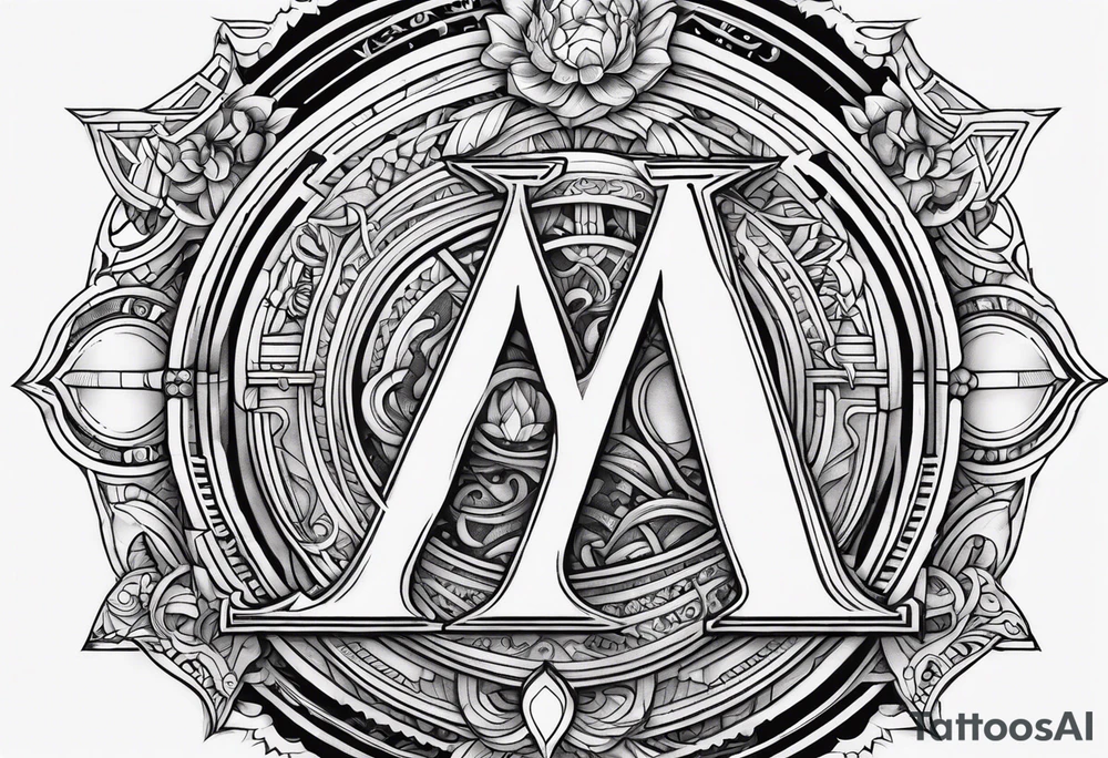 Intricate letter M, the number 4, Libra symbol, and two interlocking Mars symbols tattoo idea