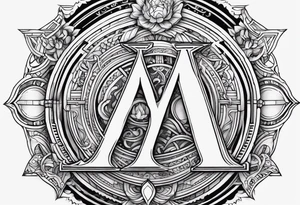 Intricate letter M, the number 4, Libra symbol, and two interlocking Mars symbols tattoo idea